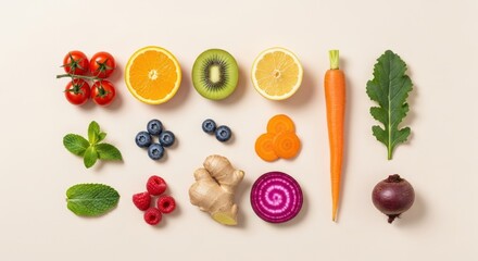 Naklejka premium A vibrant assortment of fresh fruits and vegetables artfully arranged on a neutral background, showcasing a colorful and healthy selection.