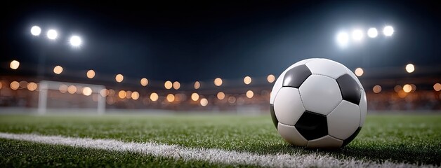 Soccer ball resting on the field under stadium lights during an evening match