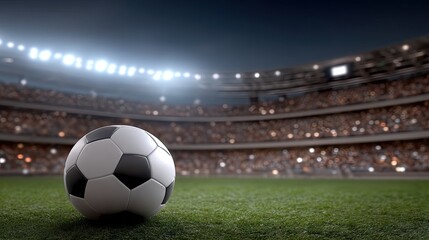 Exciting moment at the soccer stadium with a ball on the field as fans cheer in the background under bright stadium lights