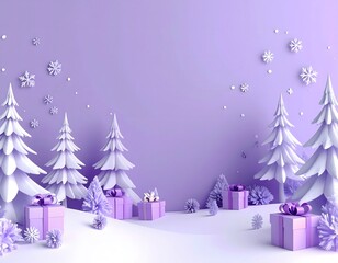 Winter holiday scene with snow-covered pine trees gift boxes and snowflakes on a pastel purple background perfect for festive seasonal celebrations and winter ecology themes