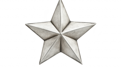 A metallic five-pointed star emblem displayed against a plain white background. its textured surface and geometric design. ideal for decorative or artistic purposes