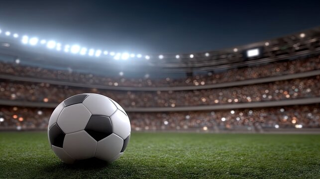 Exciting moment at the soccer stadium with a ball on the field as fans cheer in the background under bright stadium lights