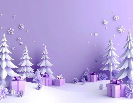 Winter holiday scene with snow-covered pine trees gift boxes and snowflakes on a pastel purple background perfect for festive seasonal celebrations and winter ecology themes - Powered by Adobe