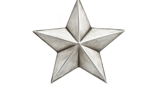 A metallic five-pointed star emblem displayed against a plain white background. its textured surface and geometric design. ideal for decorative or artistic purposes