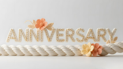 Elegant anniversary lettering made from braided white rope with decorative pastel flowers on a light background