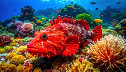 Naklejka premium Vibrant coral reef scene with a red fish (1)