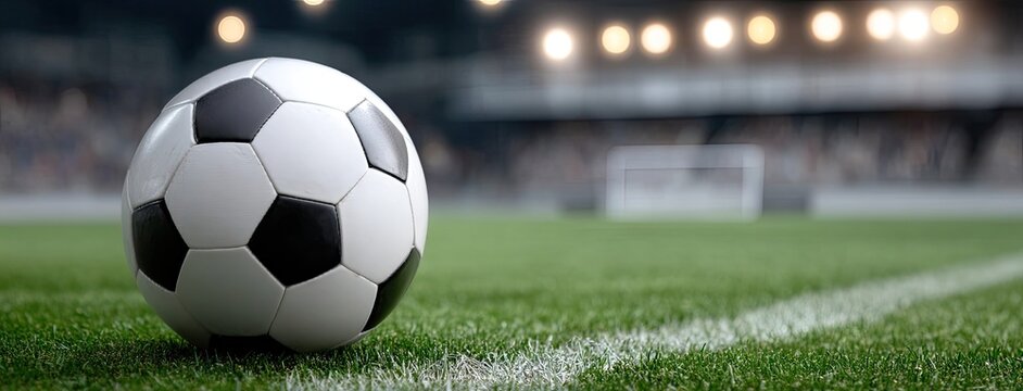 Soccer ball resting on green grass at a sports field illuminated by bright lights during an evening match - Powered by Adobe