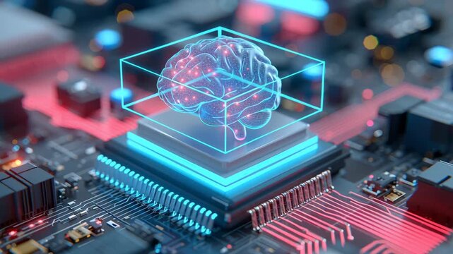 A digital brain model hovering over a computer circuit board with vibrant lights.