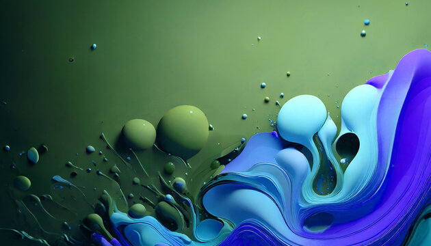 Abstract flowing colorful liquid shapes and spheres in vibrant blue and green hues on a textured background