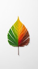A single leaf is depicted, showcasing a gradient of colors from vibrant green to deep brown, symbolizing the changing seasons.