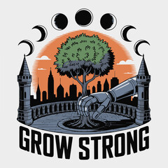 Robotic hand carefully plants green tree cityscape castle sunset moon phases growing strong vector