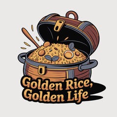 Biryani pot transformed into treasure chest overflowing with golden rice deliciousness and culinary riches vector