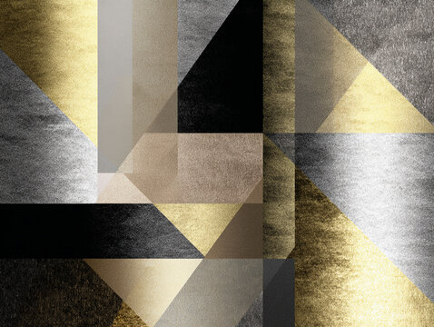 Abstract Metallic Geometric Design with Gold, Silver, and Black Shapes