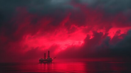 A solitary oil rig stands in the red sea, illuminated by the setting sun, against a backdrop of dark, ominous clouds.