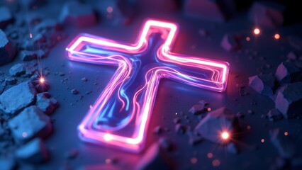 Neon Lit Cross Illuminates Rocks in Dark Surrounding with Effect