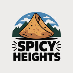 Creative samosa shaped mountain peak logo with bold "spicy heights" typography for food brands and adventure companies vector