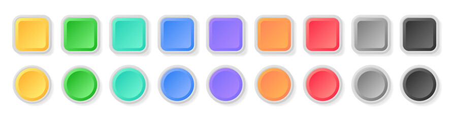 Multi color 3d button. Square and circle glossy colorful web ui buttons. Vector empty round button collection. Badge emblems. Game buttons design isolated icons set.