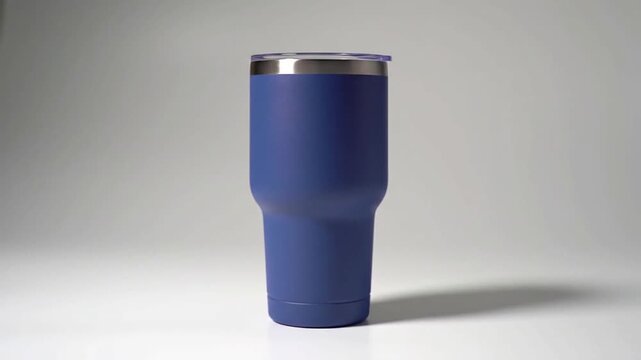 Modern blue thermal travel cup with a clear lid, ideal for hydration. A reusable insulated drink container for coffee or water on a plain background