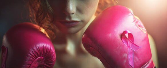 The boxer with pink gloves and ribbon symbolizing breast cancer awareness and strength
