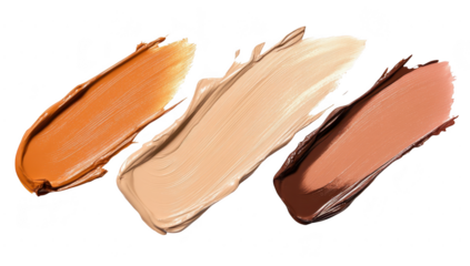 A arrangement of three makeup foundation swatches in various skin tones. artistically displayed on a clean white background. the diversity of shades for beauty applications