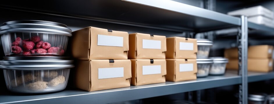 Organized food storage with labeled containers in a commercial kitchen pantry at midday - Powered by Adobe