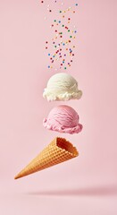 A whimsical composition of two scoops of ice cream, one vanilla and one strawberry, floating above a waffle cone with colorful sprinkles falling from above against a soft pink background.