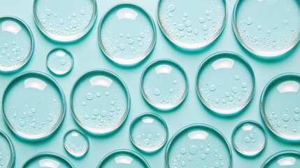 Clear Water Droplets on a Light Blue Background with Bubbles