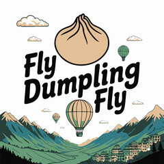 Whimsical dumpling hot air balloon soars over majestic mountains landscape and cityscape with clouds fly dumpling fly vector
