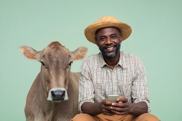 Man in Straw Hat Smiling with Cow on Green Background