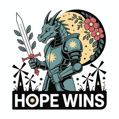 Fantasy dragon knight in robotic armor holds sword with olive branch beneath floral moon and windmills text hope wins vector