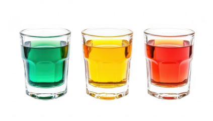 A display of three colorful drinks in clear glasses. featuring green. yellow. and red liquids. set against a white background. perfect for illustrating beverage choices or party themes