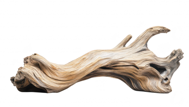 A beautifully sculpted piece of driftwood intricate textures and natural patterns. set against a clean white background. ideal for artistic displays or nature-themed decor