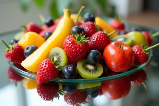 Stunning reflection effect: vibrant fruit salad arranged in mosaic pattern on mirrored surface - Powered by Adobe