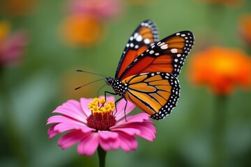 Naklejka premium Close-up of a colorful butterfly pollinating a blossoming flower.