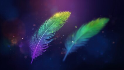A vibrant, multicolored feather floats amidst a backdrop of shimmering, sparkling particles, bathed in a spectrum of glowing colors.