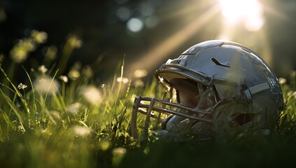 Stunning American football helmet resting peacefully in lush green grass bathed in golden hour sunlight, evoking a sense of quiet victory and dedication
