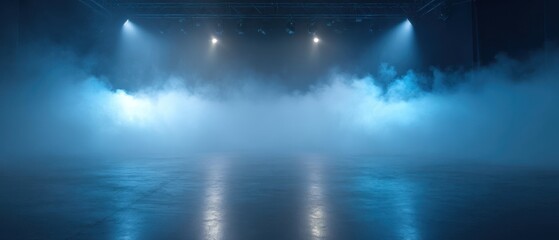 Naklejka premium The atmospheric fog-filled stage with dramatic blue lighting effects