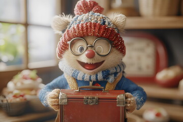 Colorful and cheerful character with a suitcase smiles in a cozy cafe setting during the winter season