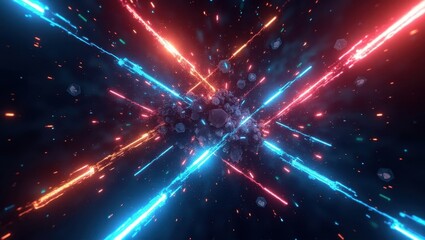 A dynamic and vibrant abstract composition features intense neon lines of red and blue light radiating outwards from a central point of impact, creating a sense of energy and dynamism.