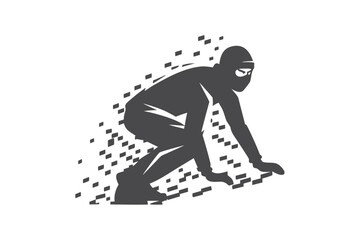 Isolated robber wearing a ski mask prepares to flee the covered in pixelated dust