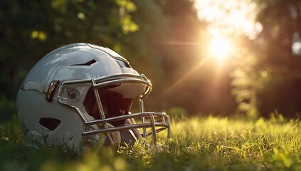 Iconic American football helmet rests on lush green grass as golden sunbeams pierce through trees, evoking nostalgia and the spirit of the game