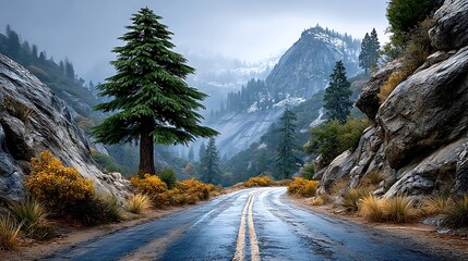 A foggy mountain pass with a straight road disappearing into the mist. Motion blur softens the edges of pine trees lining the route, creating an eerie, dreamlike effect.