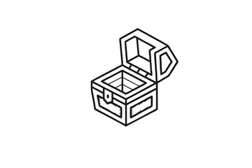 Isometric treasure box features a hinged lid in black outline style against a white backdrop