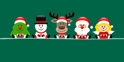 Dunkelgrünes Banner Baum Schneemann Rentier Weihnachtsmann Und Engel