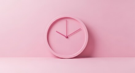 A minimalist pink clock with thin hands is centered against a soft pink wall, casting a subtle shadow on the surface below.