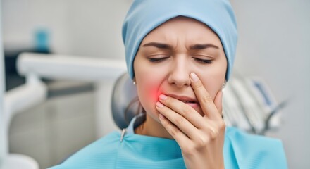 A young woman with intense tooth pain sitting in a dental chair. Patient suffering from a severe toothache in a clinic. Healthcare and dental emergency concept.