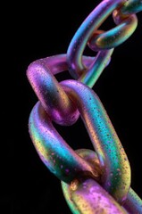 Close-up view of a colorful chain link, showcasing iridescent hues and water droplets.