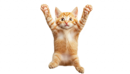 A playful orange tabby kitten with outstretched paws. lying on a white background. its playful nature and charm. ideal for pet-related content or advertisements
