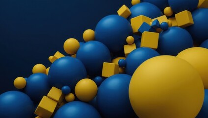 A dynamic arrangement of vibrant blue and yellow spheres and cubes creates a captivating visual composition.