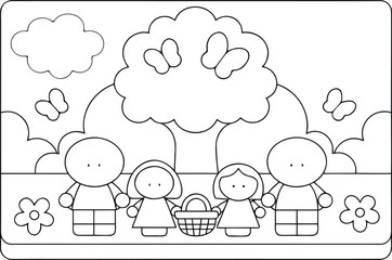 A happy family stands together near a tree in a cheerful park scene
